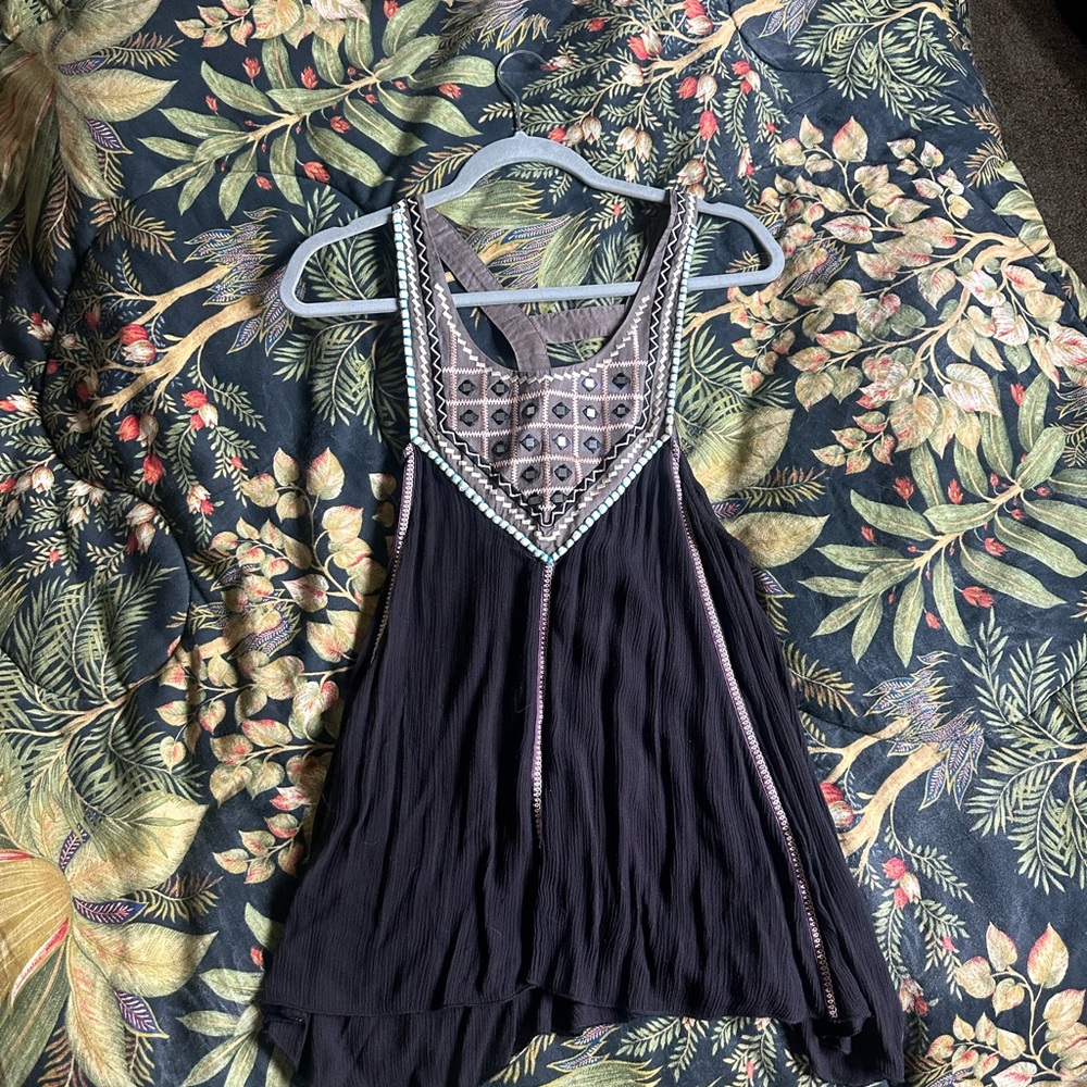 Free People Boho Black Sleeveless Top with Embroidered Details
